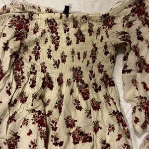 floral beige and pink off the shoulder peasant top